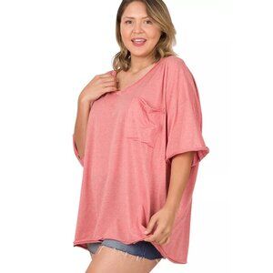 Zenana V Neck Short Sleeve Oversized Boyfriend Tee Womens XL Ash Rose Pink Comfy